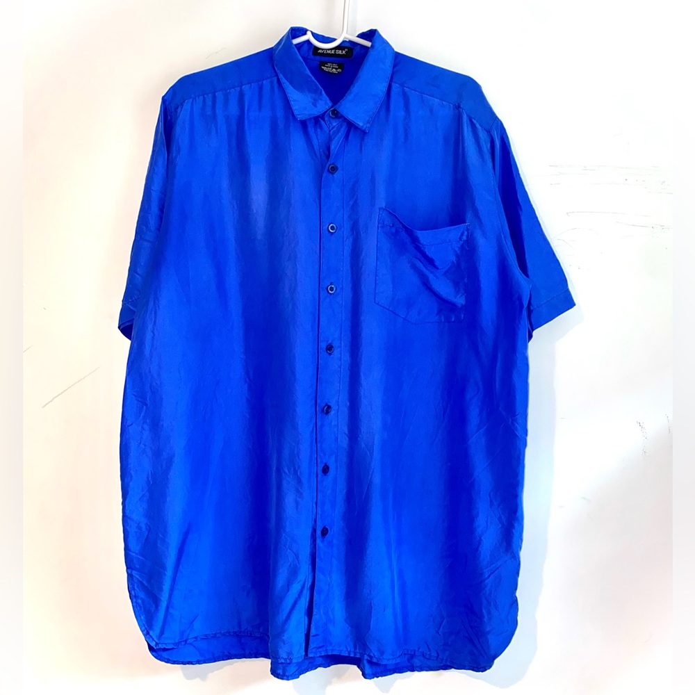 Vintage silk button down polo shirt / royal blue L